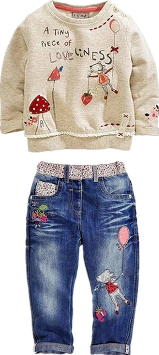 Baby Girl Long Sleeve Floral Top+Jean Pants Outfit Set