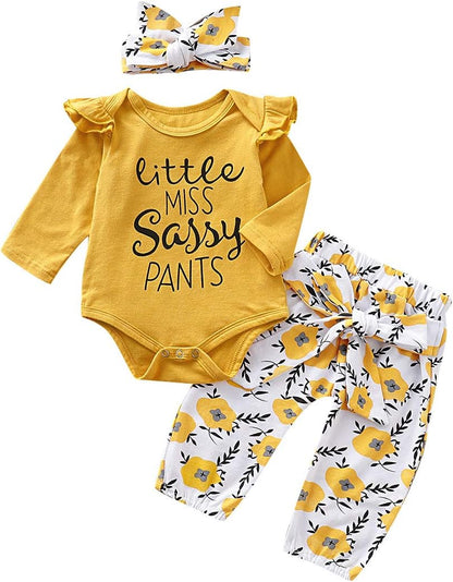 3 Pcs Infant Baby Girl Clothes Letter Print Long Sleeve Romper Flower Pant Headband Toddler Outfits Set