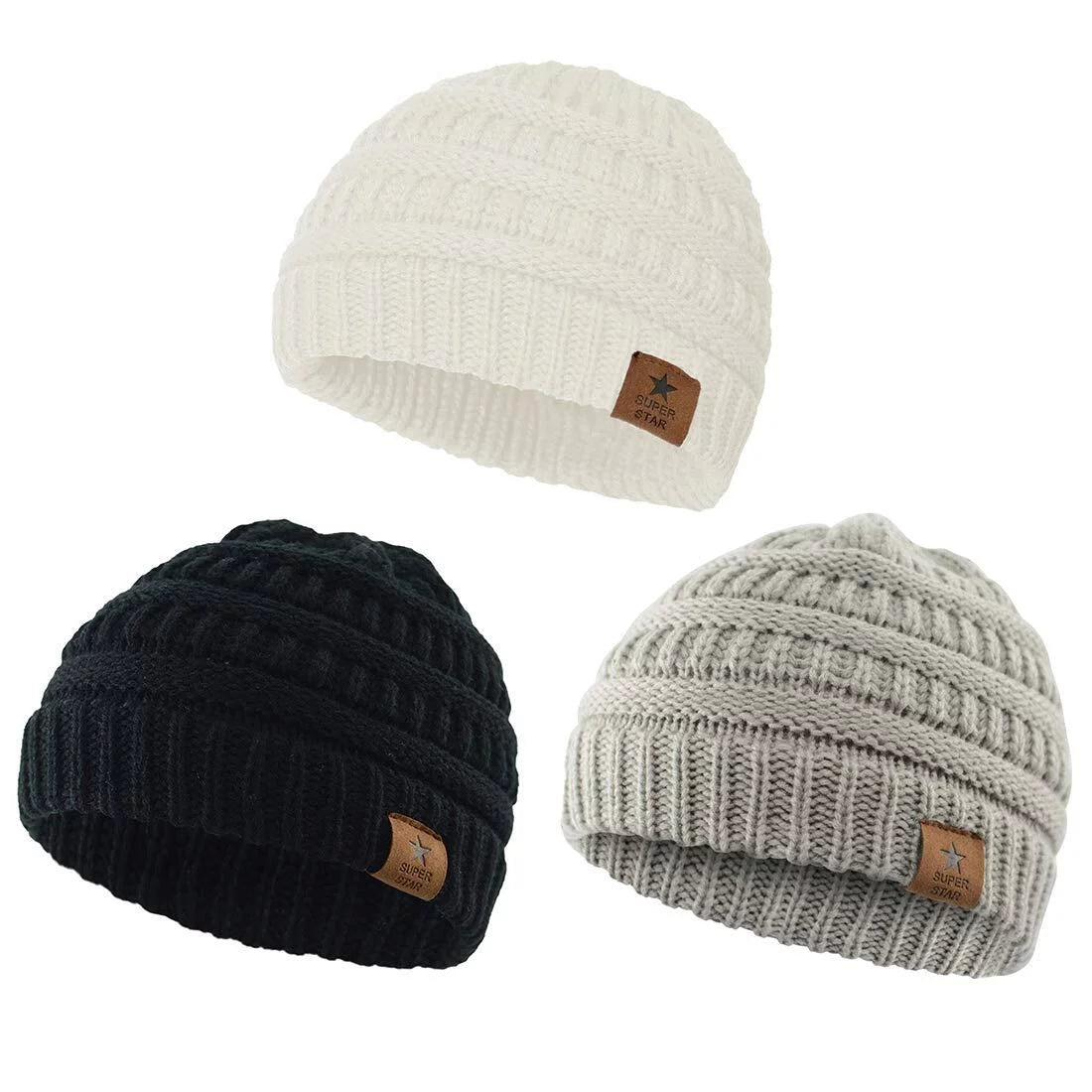 Warm Baby Knit Hat Cute Cozy Chunky Winter Cap Infant Toddler Baby Beanies for Boys Girls 3 Pack Black & White & Light Grey