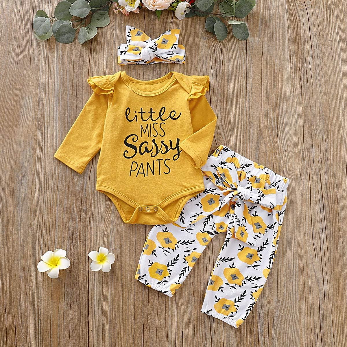 3 Pcs Infant Baby Girl Clothes Letter Print Long Sleeve Romper Flower Pant Headband Toddler Outfits Set