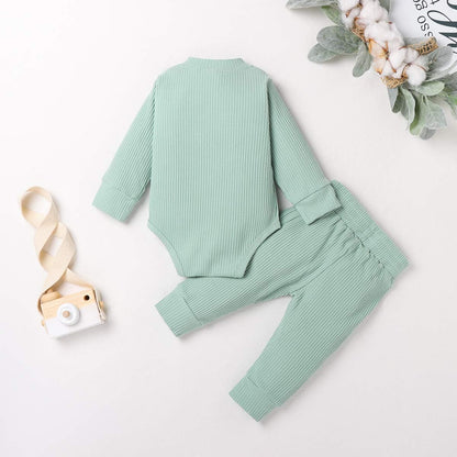 Winter Newborn Baby Boy Girl Clothes Set Ribbed Outfits Unisex Infant Solid Cotton Button Long Sleeve Tops Pants 2PCS